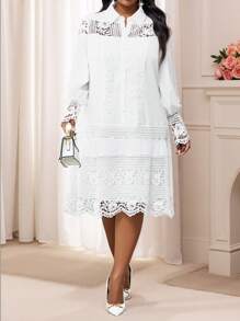 Fleurora 春夏休闲优雅工作白色撞色蕾丝衬衫裙束腰连衣裙中长款女士连衣裙大码连衣裙 - 白色 - 查看 5
