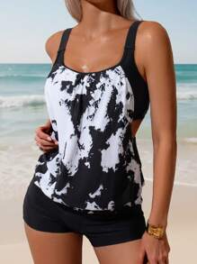 Swim Lushoire 2 件渐变黑白印花可调节肩带度假海滩短款上衣和分体泳衣套装，春夏季流行款 - 彩色 - 查看 1