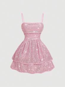SHEIN MOD Women's Pink Sequin Spaghetti Strap Dress, Party Dress,Rave Outfits,Pastel Dress,Graduation Dress,Western Women Outfits,Pastel Dress - Pink - View 1