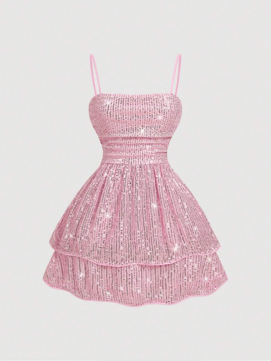 SHEIN MOD Women's Pink Sequin Spaghetti Strap Dress, Party Dress,Rave Outfits,Pastel Dress,Graduation Dress,Western Women Outfits,Pastel Dress - Pink - View 1
