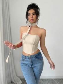 Selianne Atasan Crop Top Tanpa Lengan Motif Bunga Mawar, Warna Merah, Cocok untuk Kencan Hari Valentine, dan Sehari-hari. - Aprikot - View 5