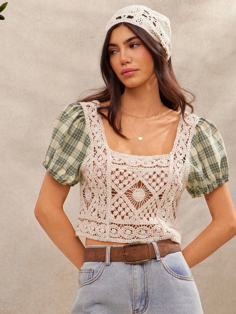 WESTFADE Western Mixed Media Faux Crochet & Plaid Spring Break Crop Top Summer Beach Vacation