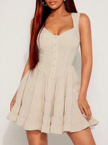 SHEIN SXY Prom Dress;Summer;Apricot Linen Flowy Ruffle Hem Form-Fitting Strapless Mini Dress, Boho Style Suitable For Romantic Dates, Gatherings, Birthdays, Parties, Music Festivals, Vacations, Beach Trips, Holidays - Apricot - View 1