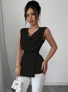 Gloray Camicetta elegante e di moda con scollo a cascata, top con balze, colore unito