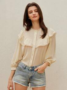 Aveloria Rosie Nueva Blusa elegante y casual de mujer con estilo francés retro, cuello en V, parche, acabado con volantes decorativos y mangas medianas de gasa