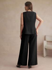 Maija 纯色两件套加大码西装套装，无袖背心和裤子，简约时尚，秋冬优雅办公室女士装 - 黑色 - 查看 2