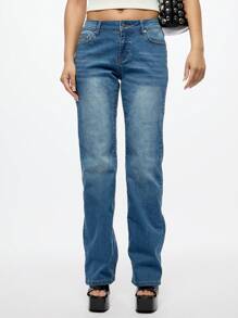 SUMWON WOMEN Lace-Up Back Straight Leg Jeans Y2K Fashion Statement Pants Corset Style Denim Autumn Winter Festival Street Style Pants