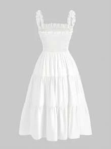 Aveloria Rosie 纯色荷叶边装饰荷叶边下摆连衣裙节日派对连衣裙波西米亚风度假时尚风格，适合夏季春秋季