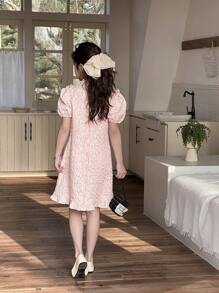 SHEIN Tween Girl' 优雅中国风中式立领灯笼袖中国红旗袍连衣裙 - 粉色 - 查看 2