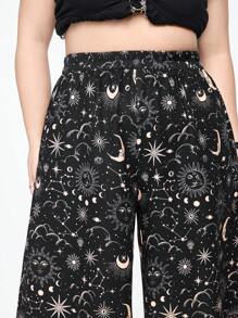 ROMWE Goth Plus Size Loose Mystic Star & Moon Printed Wide Leg Pants - Black - View 5