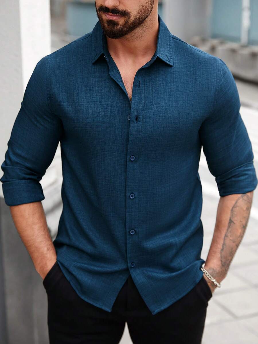 Manfinity Homme Áo sơ mi nam dài tay màu trơn thường ngày/công sở Quần áo dành cho nam Áo sơ mi nam Áo sơ mi nam thường ngày - Màu xanh lam - Xem 1