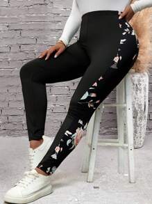 SHEIN PETITE CURVE Plus Size Casual Floral Print Patchwork Leggings - Black - View 5