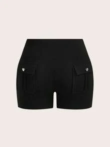 CovetEZ Leggings de cintura alta de unicolor de talla grande, para primavera/verano - Negro - Ver 1