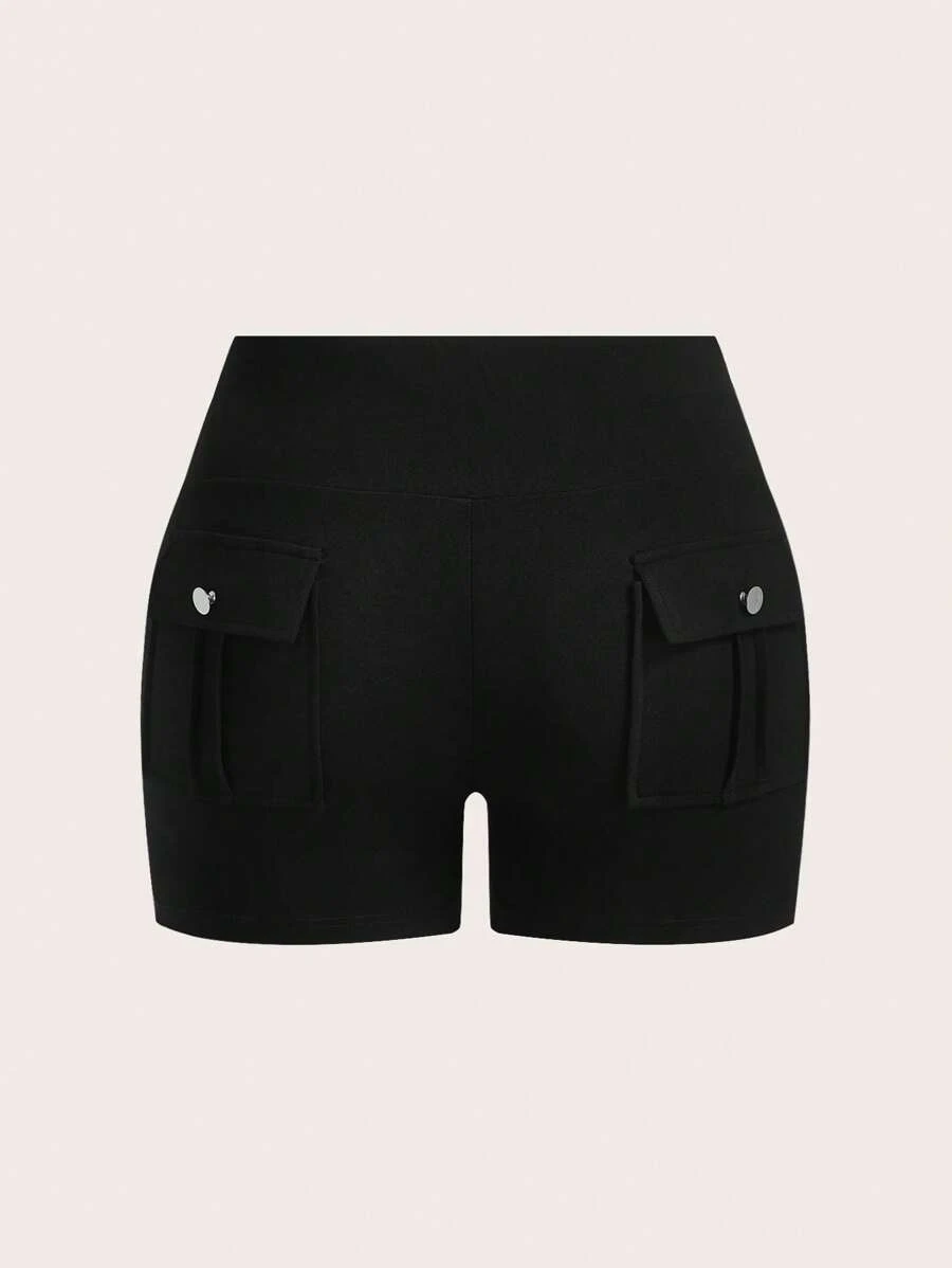 CovetEZ Leggings de cintura alta de unicolor de talla grande, para primavera/verano - Negro - Ver 1
