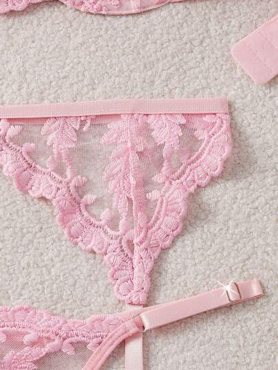 5pcs/Set Women's Sexy Lingerie With Floral Embroidery, Mesh And Bow Decor Bowknot For Going Out view 4