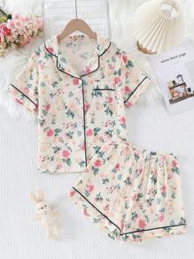 2pcs/Set Tween Girl Cute Rabbit Print Soft Fabric Skin-Friendly Short Sleeve Top & Shorts Homewear Set Back To School Fashion - Multicolor - View 1