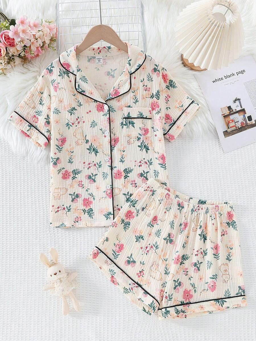2pcs/Set Tween Girl Cute Rabbit Print Soft Fabric Skin-Friendly Short Sleeve Top & Shorts Homewear Set Back To School Fashion - Multicolor - View 1