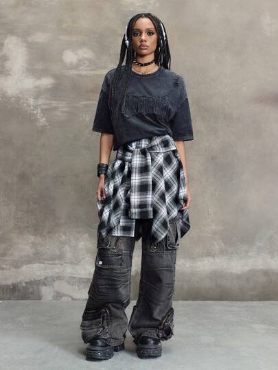 Grunge Punk Kpop Vintage Grunge Plaid Layered Asymmetrical Wrap Skirt
