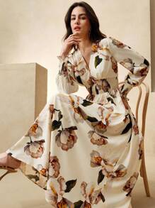 Anewsta Women V-Neck Floral Print Long Sleeve Cinched Waist Cocktail Dress