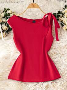 SHEIN Clasi 女士纯色圆领盖袖休闲领带 T 恤 - 紅色 - 查看 3