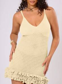MUSERA Vestido corto de verano con volantes de ganchillo y punto para talla grande, ideal para vacaciones en Ibiza