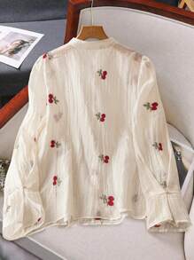Calvaya Plus Size Women Elegant Improved Chinese Style Embroidered Button Down Long Sleeve Blouse, Chinese New Year Holiday Fall Cloth For Women