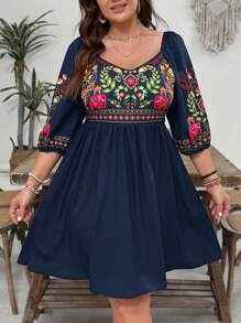 SHEIN VCAY Vestido corto de talla grande con escote corazón, estampado retro floral y animal, cintura definida y falda campana. Vestido casual bohemio para días festivos y San Valentín
