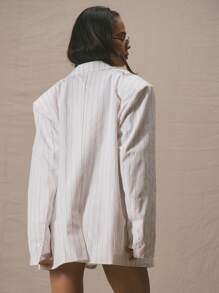 MUSERA Oversized Striped Linen Faux Pocket Detail Blazer Only Spring Summer Cute Vacation Elegant Business Casual Graduation Prom Wedding Guest Birthday Old Money Work - Multicolor - View 5