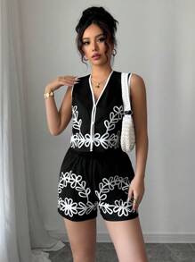 Selianne Set de 2 piezas de top de tirantes y shorts casuales de verano con estampado a contraste de color - Negro - Ver 3