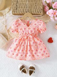 SHEIN Baby Girl Summer Cute Lantern Sleeve Round Neck Bowknot Retro Print Casual Comfortable Outdoor Dress