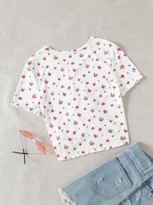 T-shirt slim à manches courtes avec fleurs éparpillées et froncis, pour ados filles - Blanc - Voir 2
