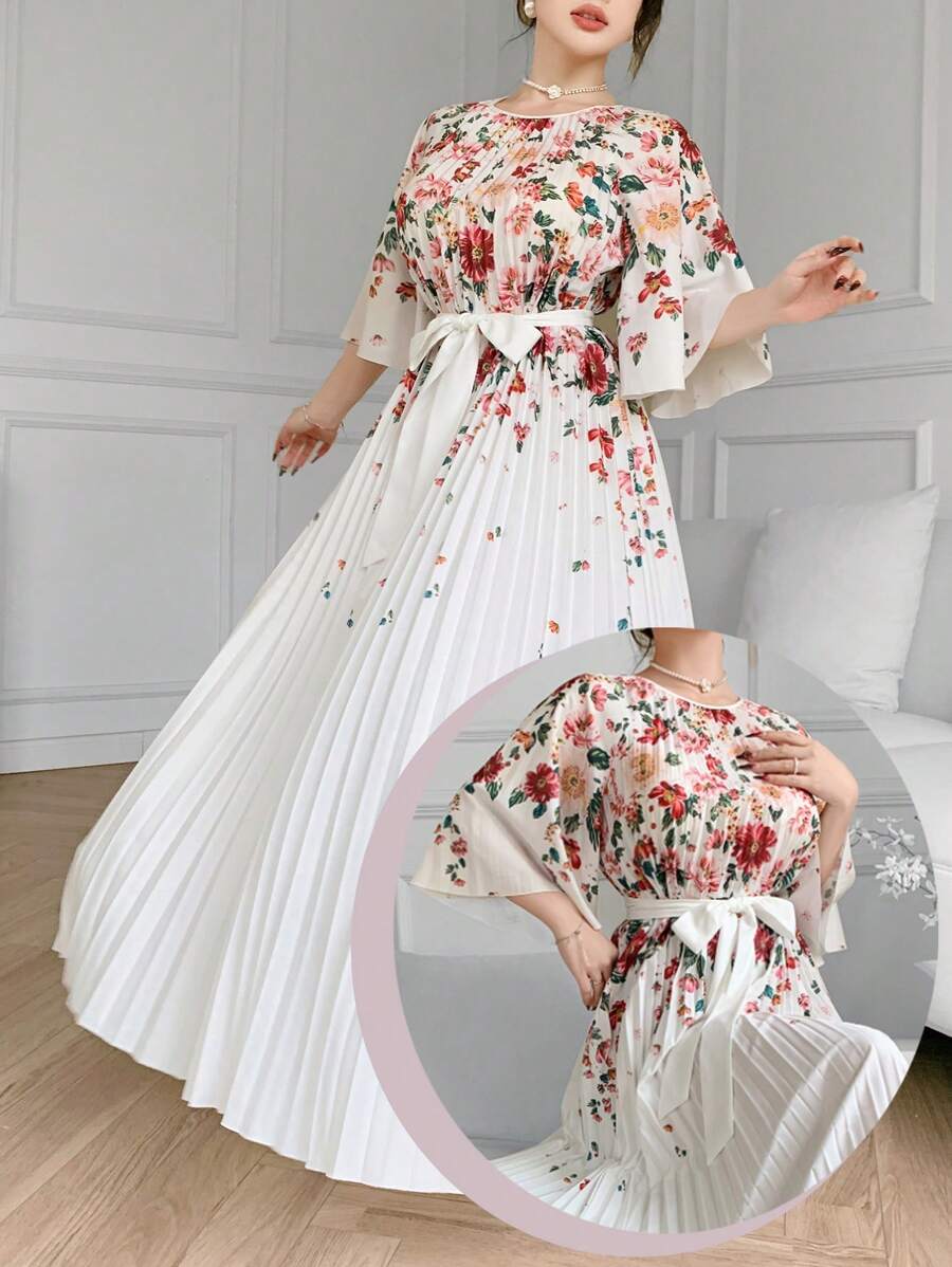 Feyla 女士优雅花卉印花百褶连衣裙 - 白色 - 查看 1