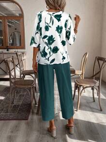 EMERY ROSE Women Floral Print Blouse And 7/8 Pants Set,Summer Sets
