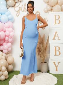 Loomaby Maternity Solid Color 3D Floral Decor Slim Fit Cami Dress - Blue - View 3