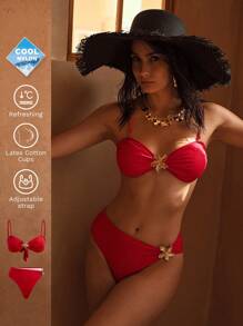 MOTF PREMIUM RUCHED METAL DETAIL BIKINI SET FOR SUMMER BEACH VACATION - Red - View 1