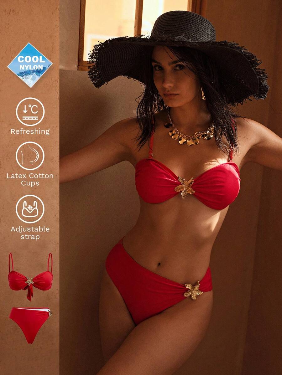 MOTF PREMIUM RUCHED METAL DETAIL BIKINI SET FOR SUMMER BEACH VACATION - Red - View 1