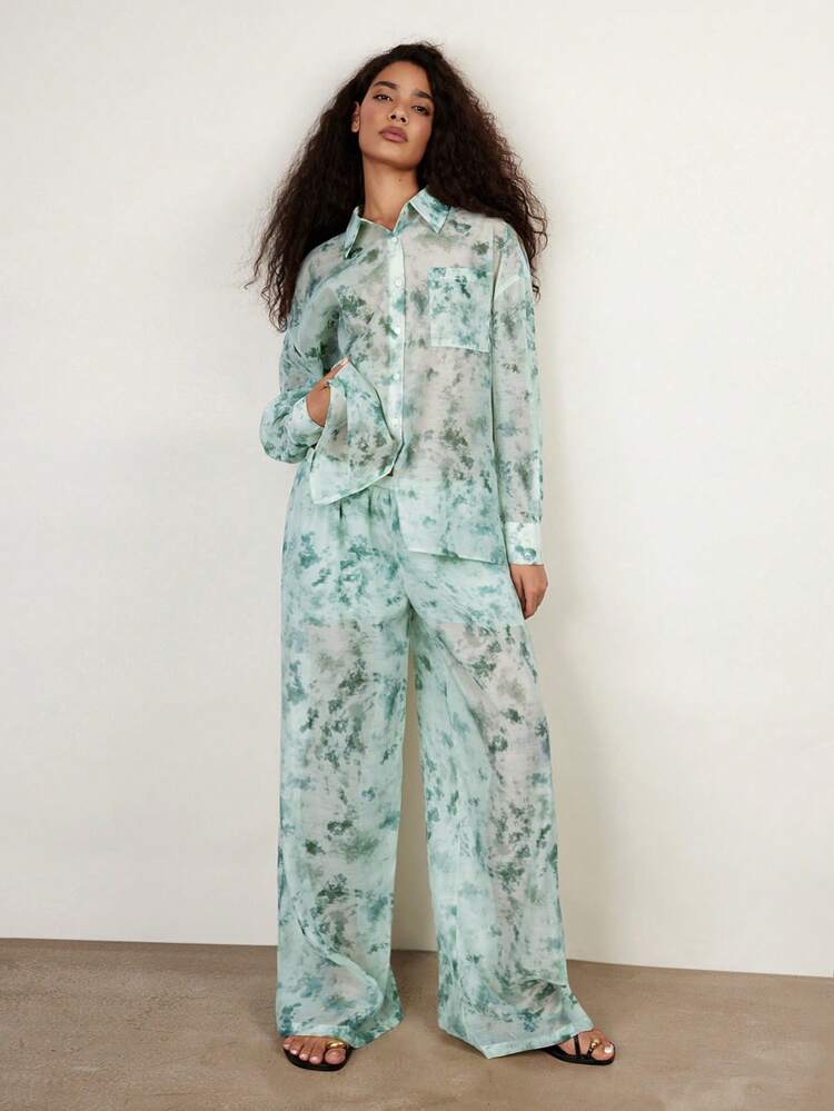 SHEIN Maija タイダイ花柄 レディースシャツ、ボヘミアンビーチバケーションデザイン ルーズカジュアル タンダウンカラー ドロップショルダー 長袖 オープンフロント タイダイインクプリントデコレーション ビーチホリデーボヘミアンクロージング