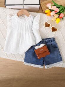 SHEIN Vintaside Kids 2 件套女婴刺绣蕾丝荷叶边衬衫 + 花卉牛仔短裤套装，夏季 - 白色 - 查看 4