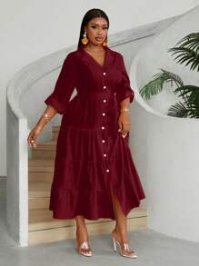 Maweii Abito maxi da donna con scollo a V, abbottonatura frontale, maniche lunghe, con cintura e balza in vita, elegante e adatto a taglie comode
