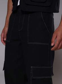 Musero Pantalones rectos de utilidad con pespunte de contraste para hombres - Negro - Ver 5