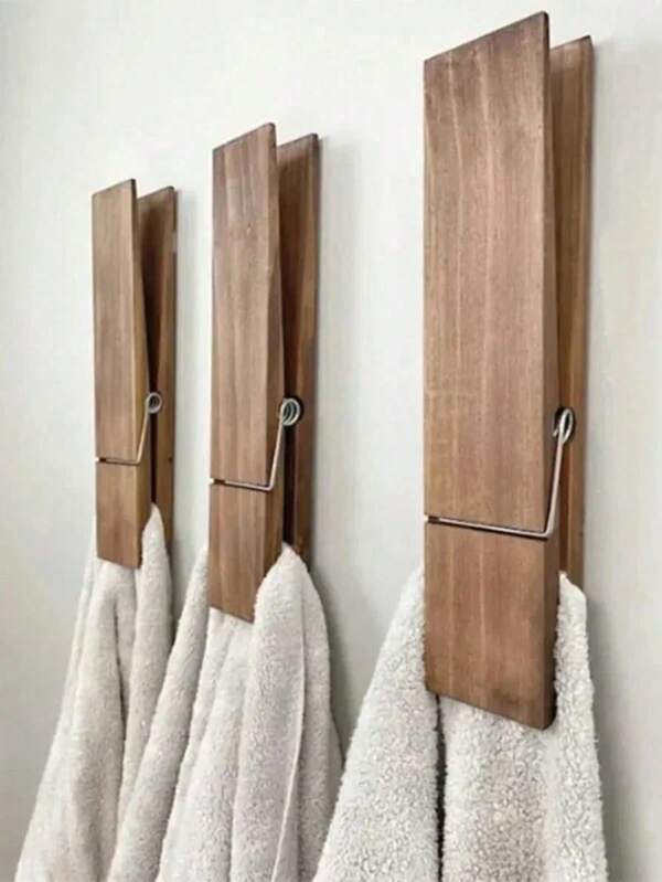 SHEIN 1 pièce Grande étagère à serviettes en bois avec crochets - Décoration murale de style ferme moderne pour salle de bain et buanderie