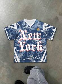 PAVTROS 男士V领字母印花宽松休闲T恤 - 彩色 - 查看 1