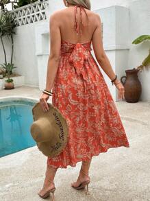 SHEIN Maternity Floral Print Side Slit Hem Halter Vacation Dress - Burnt Orange - View 2