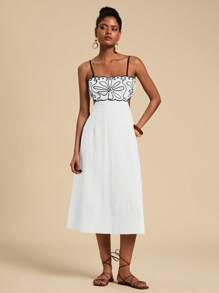 Travachic 度假休闲刺绣镂空腰线 A 字形女式中长吊带裙 - 白色 - 查看 5