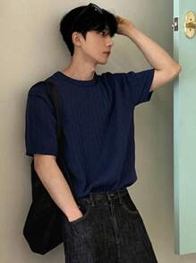 DAZY Men's Casual Solid Color Knitting Sweater For Summer - Navy Blue - View 6