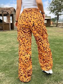 SHEIN EZwear بنطلون عملي كاجوال مناسب للمقاسات الكبيرة ذو رباط أمامي، طراز فينتاج أمريكي بنقشة نمر وبولكا دوت للربيع - أصفر - مشاهدة 2