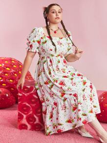 Strawberry Shortcake X SHEIN Plus Size Floral Dot Strawberry Print Ruffled Square Neck Short Sleeve Sundress, Cute Y2K Style For Summer, Spring, Vacation, Rave, Festival, Retro, Lolita - White - View 3