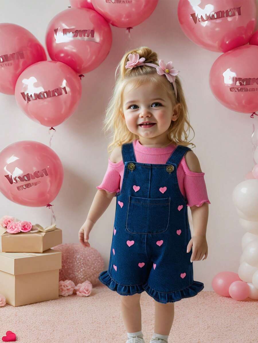 SHEIN Baby Girl Summer Rose Pink Off-Shoulder Ribbed Short Sleeve Top With Rose Pink Heart Print Suspender Shorts, Sweet And Lovely Style, Comfortable And Breathable Fabric. This Set Features A Heart Pattern, A Fashionable And Versatile Design That Can Showcase Your Little One's Unique Charm Whether It's For Outdoor Play Or Casual Home Wear. - Multicolor - View 1