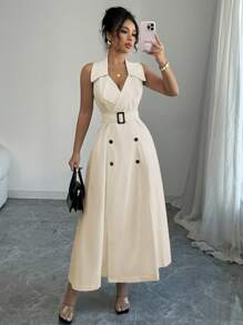 Elenzga Vestido informal y elegante de mujer tipo casual para vacaciones o trabajo, de unicolor, con solapa con muesca, doble botonadura, línea A, sin mangas y con cinturón