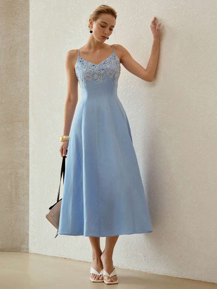 CONTRAST LACE PATCHWORK SLEEVELESS MID-CALF DRESS